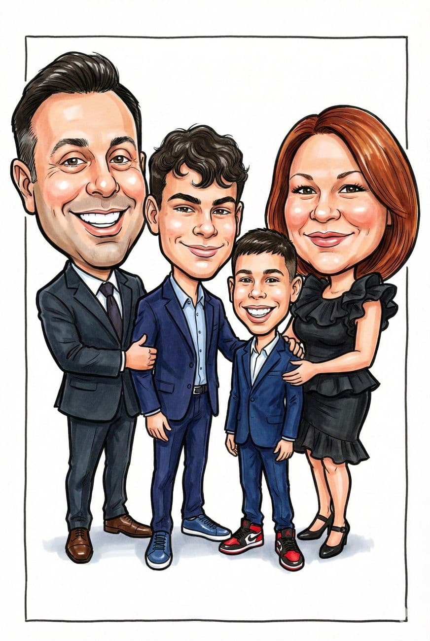 AI caricature booth print of a family in illustrated style