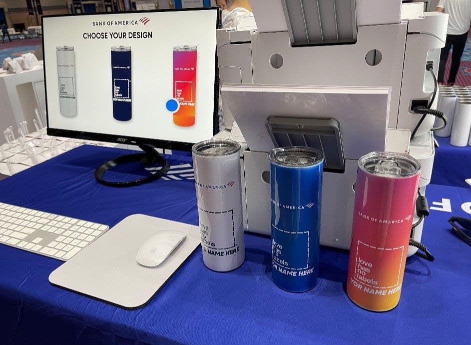 Bank of America design-your-own tumbler station with live sublimation at a trade show