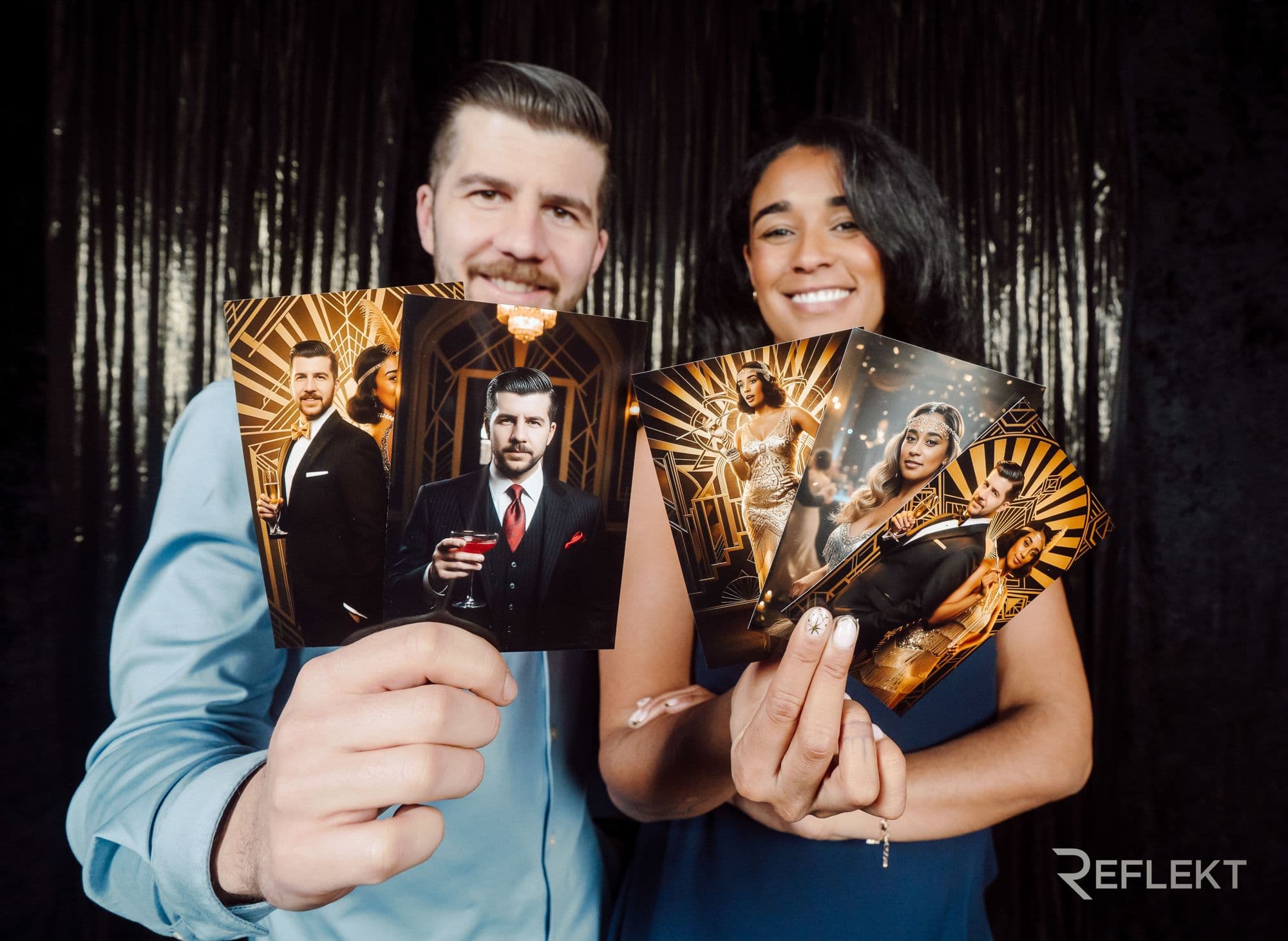 Guests holding their Gatsby-style AI photo booth prints